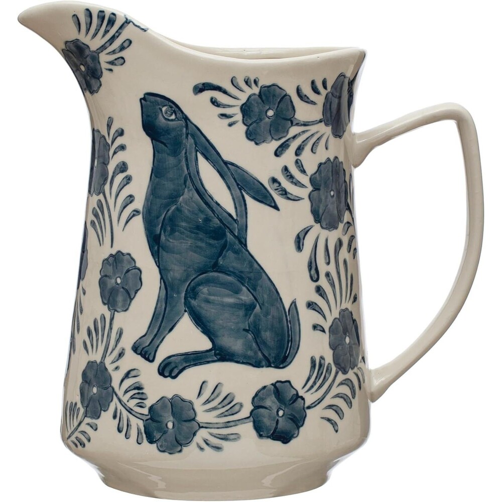 Stoneware Pitcher Painted Rabbit And Florals Blue And Cream